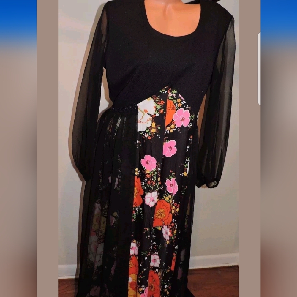 Floral Boho woman's sheer long sleeve dress